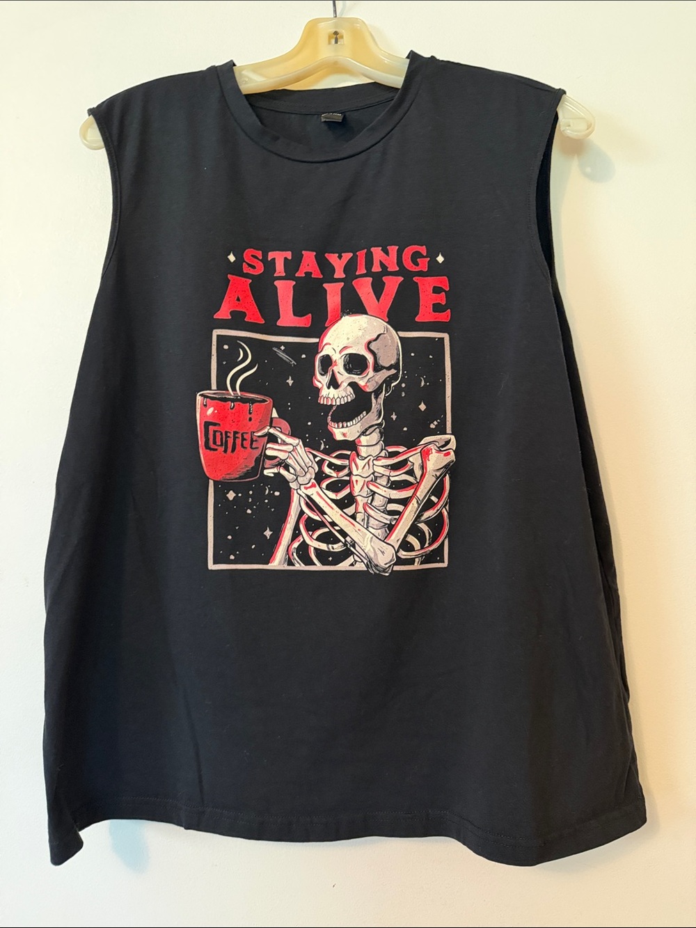 SHEIN Black Tank Top with Red & Cream Skeleton Coffee Graphic